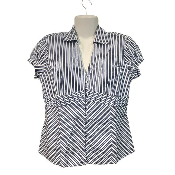 Cato Tops - Cato Women's Blue/White Striped Short Sleeve V-Neck Fitted Blouse SZ L